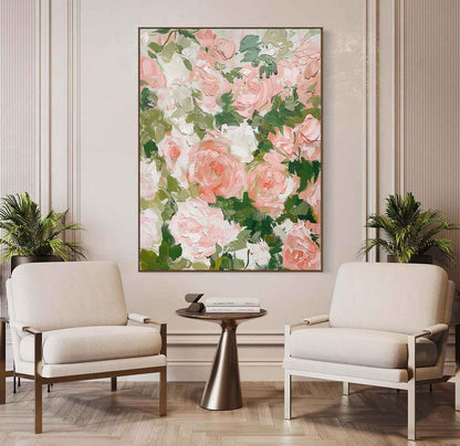 Vibrant Floral Oil Painting with Pink Roses and Green Leaves for Elegant Home Decor