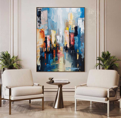 Vibrant Abstract Cityscape Oil Painting for Modern Home Decor