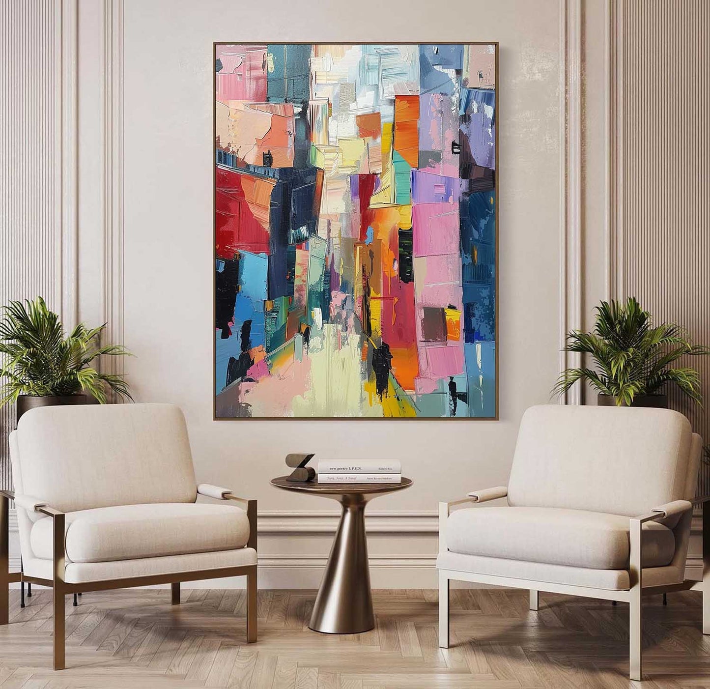 Vibrant Abstract Cityscape Oil Painting in Rich Color Palette for Modern Decor