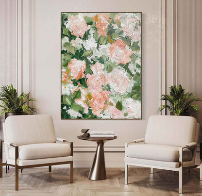 Vibrant Floral Oil Painting with Soft Pink Roses and Lush Greenery