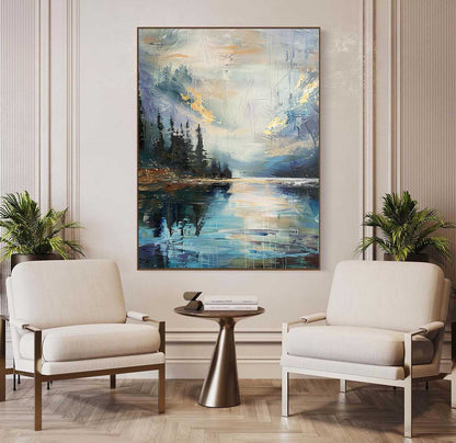 Tranquil Mountain Lake Oil Painting with Serene Reflection and Lush Forest