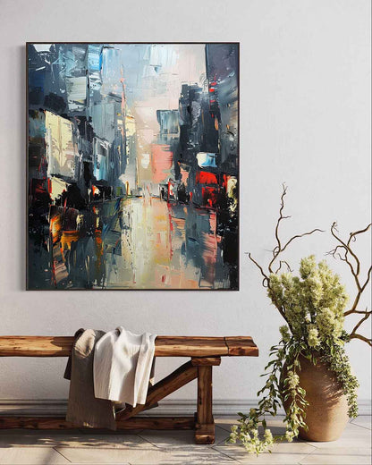 Vibrant Urban Landscape Oil Painting – Modern Cityscape Art for Home Decor