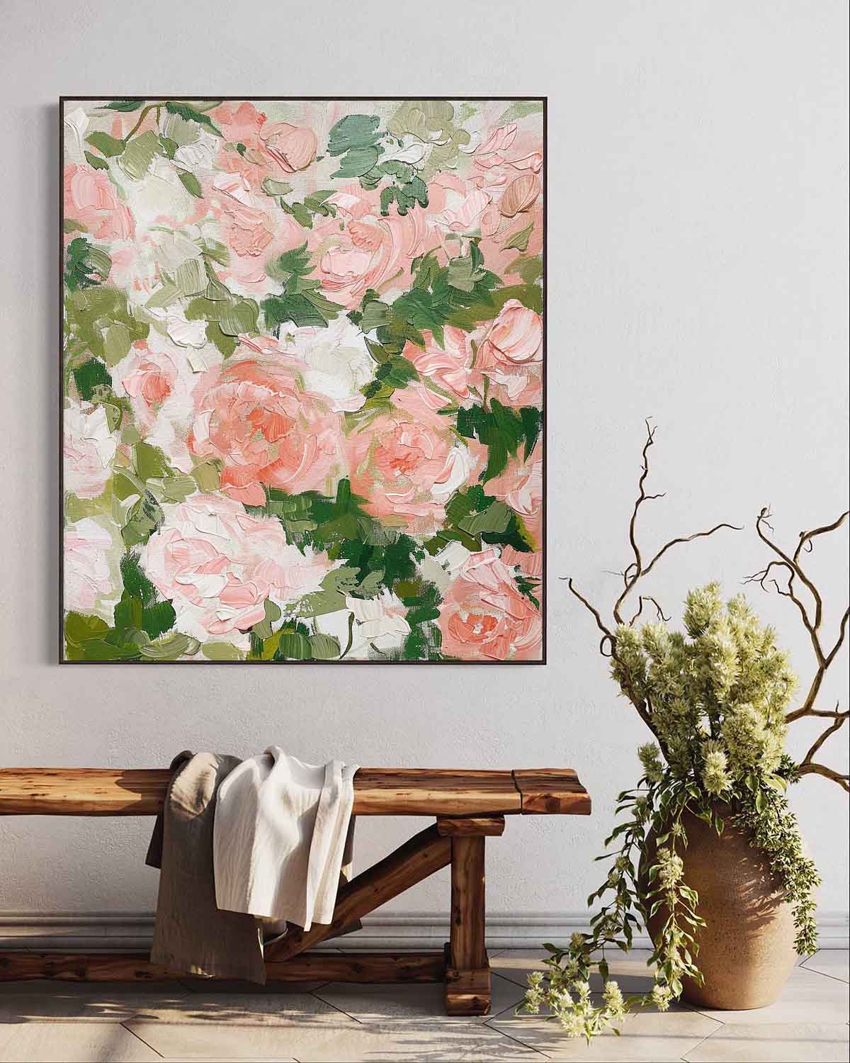 Vibrant Floral Oil Painting with Pink Roses and Green Leaves for Elegant Home Decor