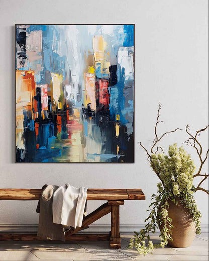 Vibrant Abstract Cityscape Oil Painting for Modern Home Decor