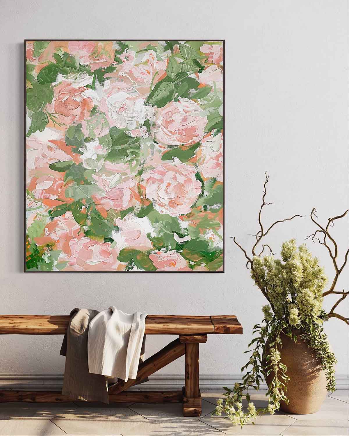 Vibrant Floral Oil Painting with Soft Pink and Green Hues for Elegant Home Decor