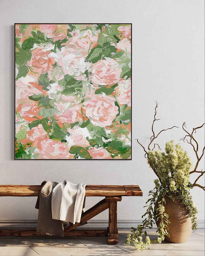 Vibrant Floral Oil Painting with Soft Pink and Green Hues for Elegant Home Decor