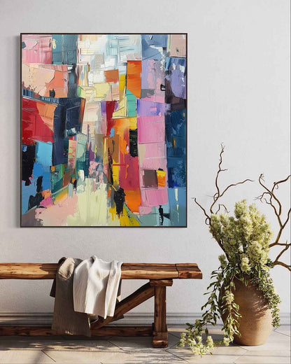 Vibrant Abstract Cityscape Oil Painting in Rich Color Palette for Modern Decor