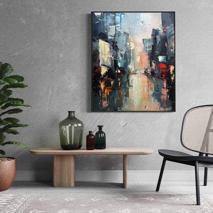 Vibrant Urban Landscape Oil Painting – Modern Cityscape Art for Home Decor