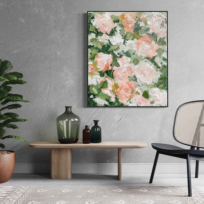 Vibrant Floral Oil Painting with Soft Pink Roses and Lush Greenery