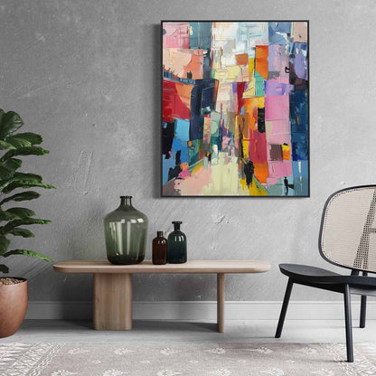 Vibrant Abstract Cityscape Oil Painting in Rich Color Palette for Modern Decor