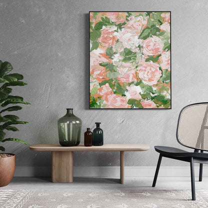 Vibrant Floral Oil Painting with Soft Pink and Green Hues for Elegant Home Decor