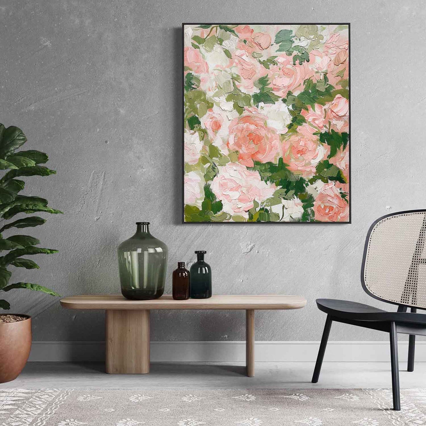 Vibrant Floral Oil Painting with Pink Roses and Green Leaves for Elegant Home Decor