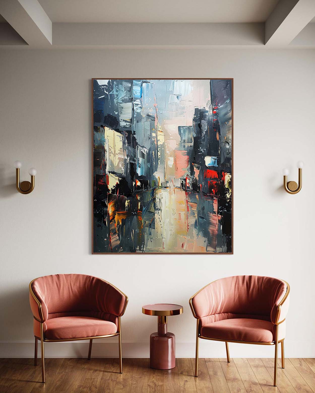 Vibrant Urban Landscape Oil Painting – Modern Cityscape Art for Home Decor