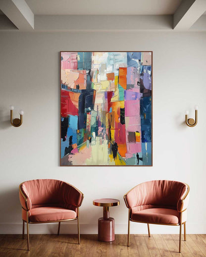 Vibrant Abstract Cityscape Oil Painting in Rich Color Palette for Modern Decor