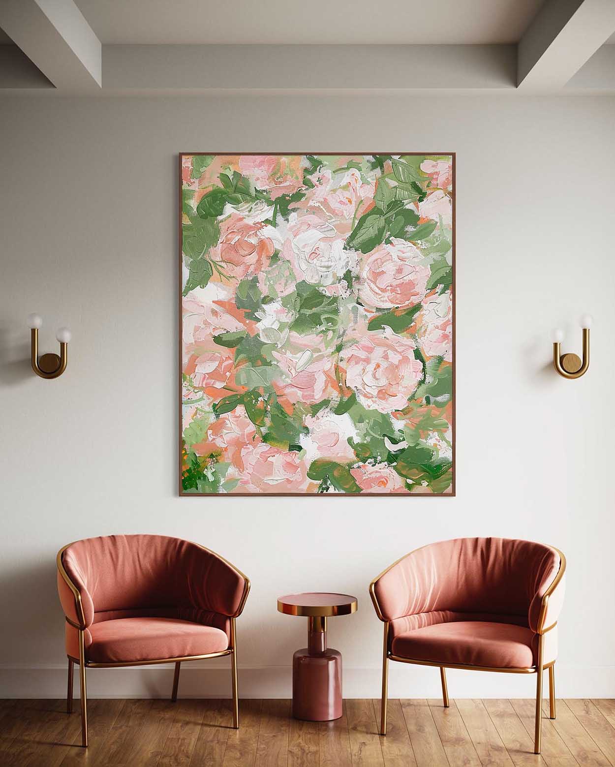 Vibrant Floral Oil Painting with Soft Pink and Green Hues for Elegant Home Decor