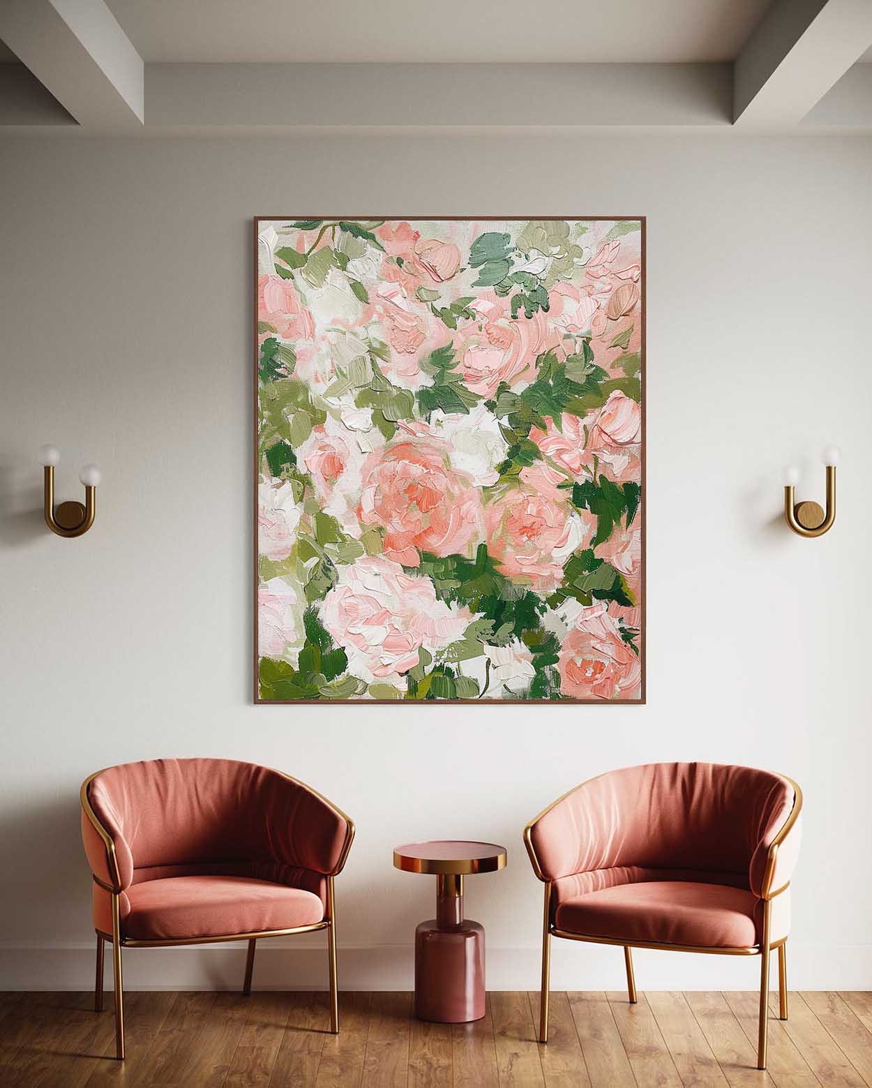 Vibrant Floral Oil Painting with Pink Roses and Green Leaves for Elegant Home Decor