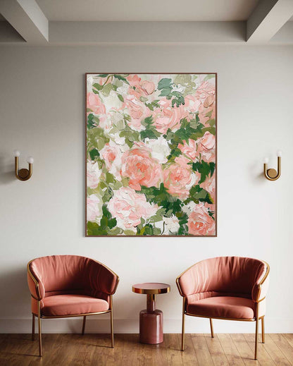 Vibrant Floral Oil Painting with Pink Roses and Green Leaves for Elegant Home Decor