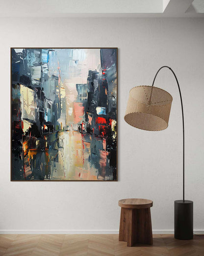 Vibrant Urban Landscape Oil Painting – Modern Cityscape Art for Home Decor