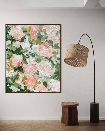 Vibrant Floral Oil Painting with Soft Pink Roses and Lush Greenery