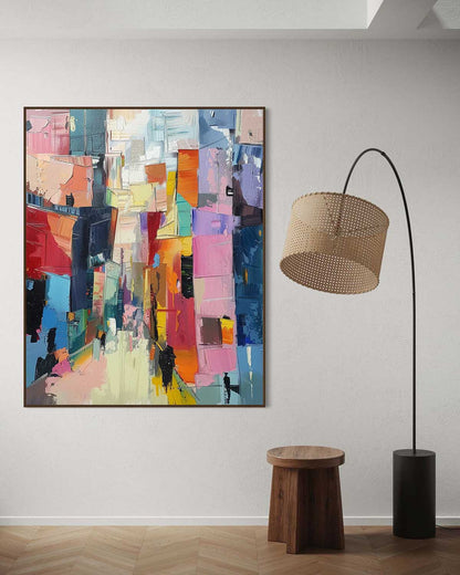 Vibrant Abstract Cityscape Oil Painting in Rich Color Palette for Modern Decor