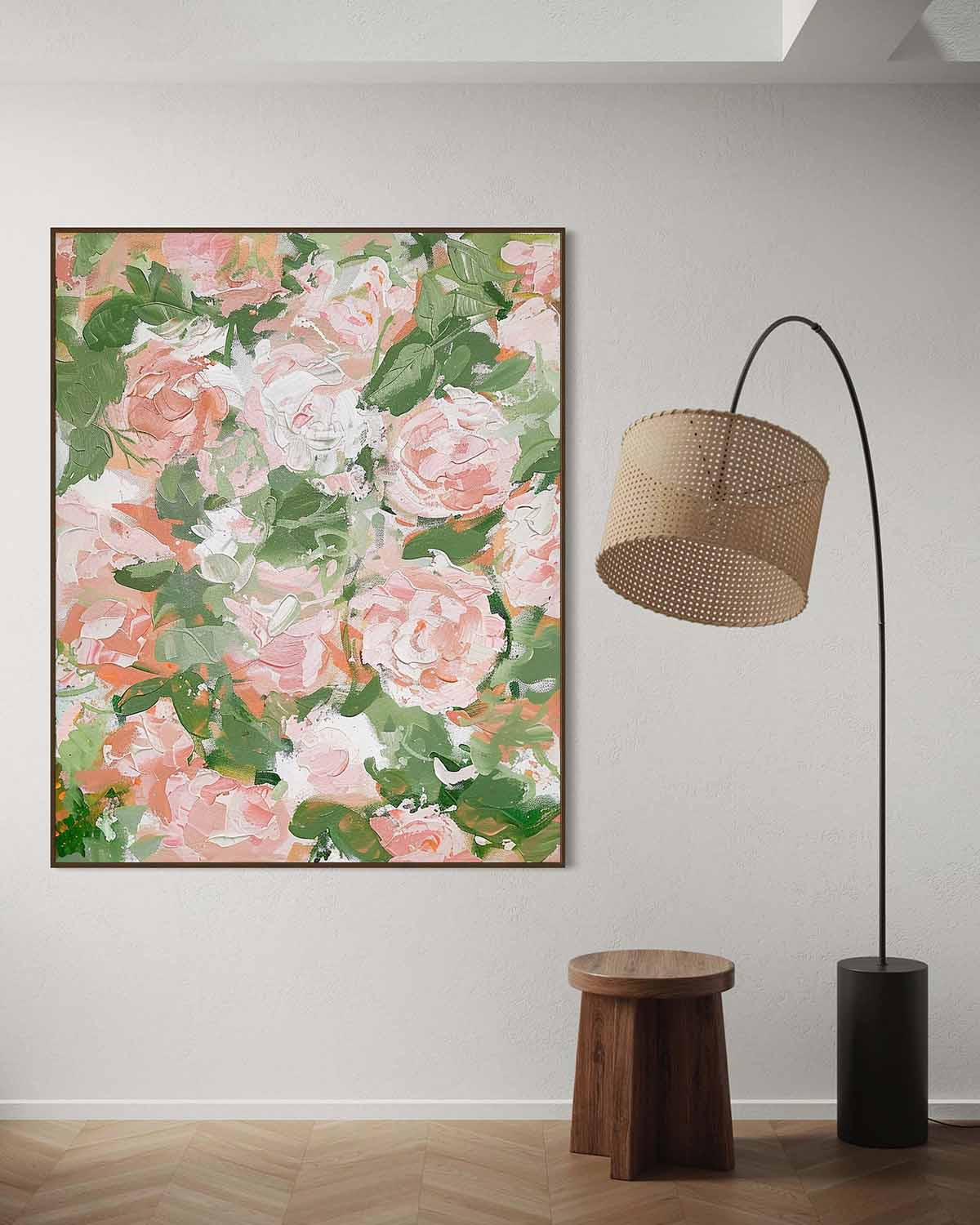 Vibrant Floral Oil Painting with Soft Pink and Green Hues for Elegant Home Decor