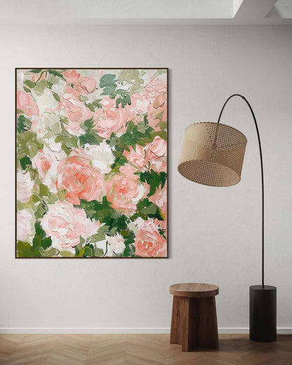 Vibrant Floral Oil Painting with Pink Roses and Green Leaves for Elegant Home Decor
