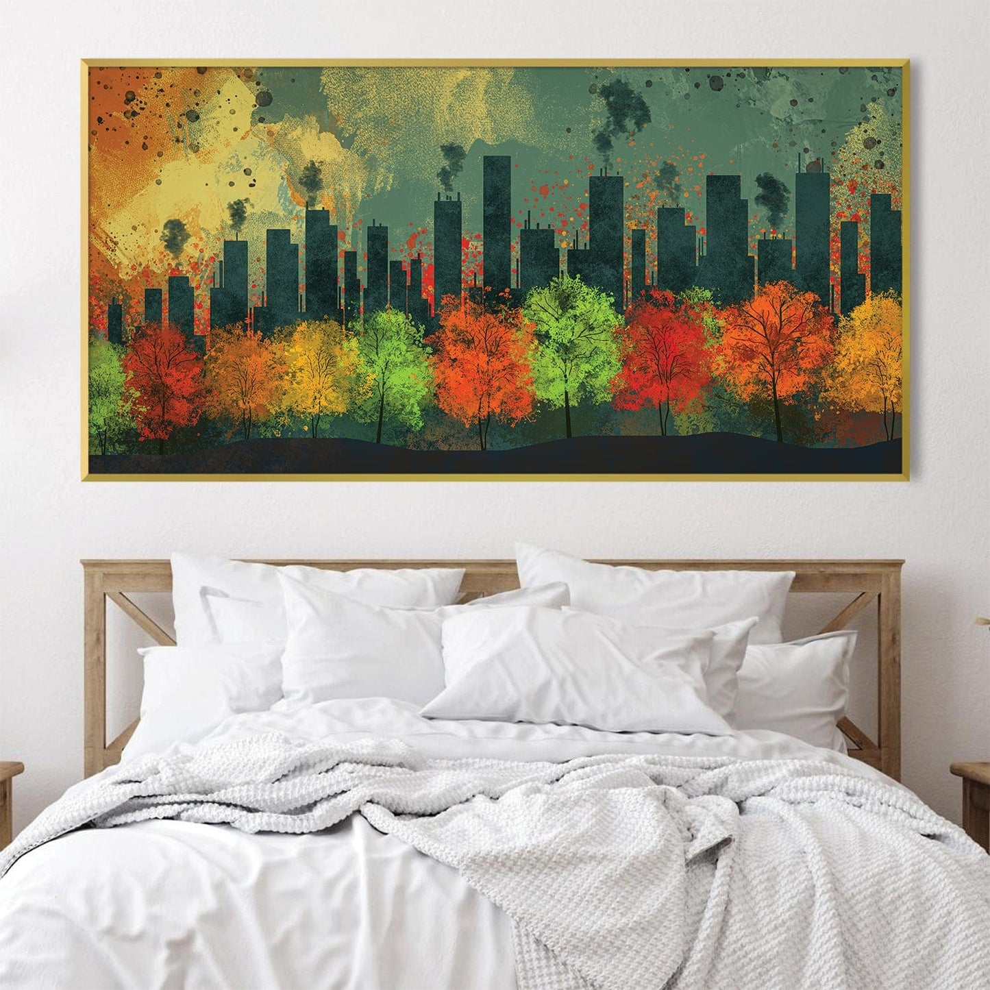 Vibrant Urban Autumn Landscape Oil Painting for Modern Home Decor