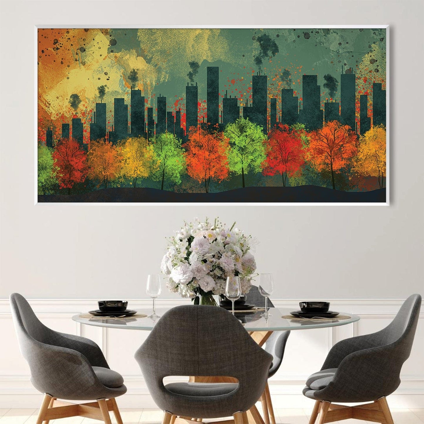 Vibrant Urban Autumn Landscape Oil Painting for Modern Home Decor