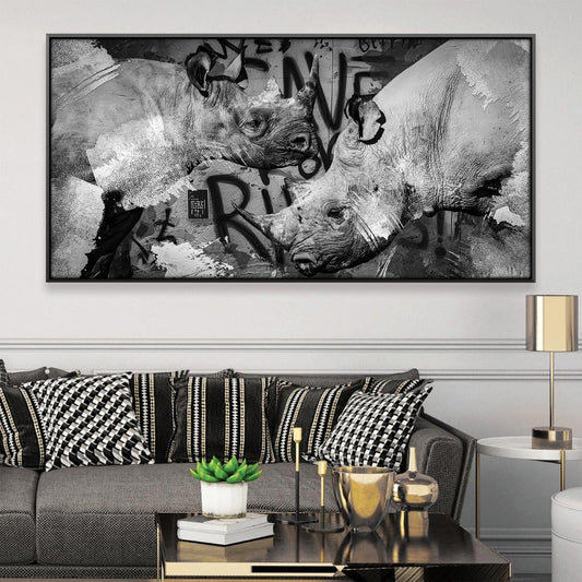 Contemporary Black and White Rhinos Abstract Oil Painting for Urban Décor