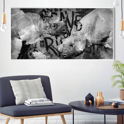 Contemporary Black and White Rhinos Abstract Oil Painting for Urban Décor