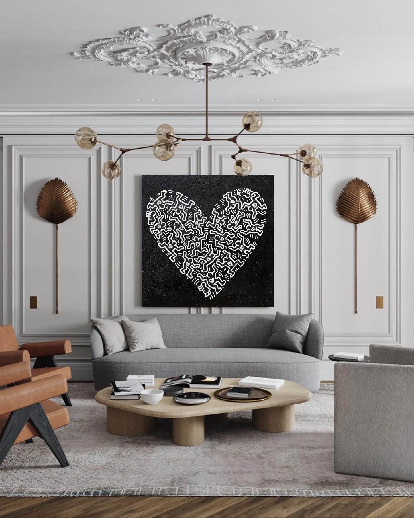 Abstract Heart Oil Painting in Bold Black and White Haring-Inspired Style