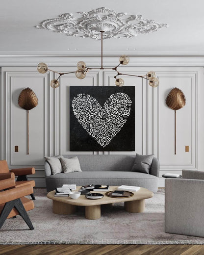 Abstract Heart Oil Painting in Bold Black and White Haring-Inspired Style