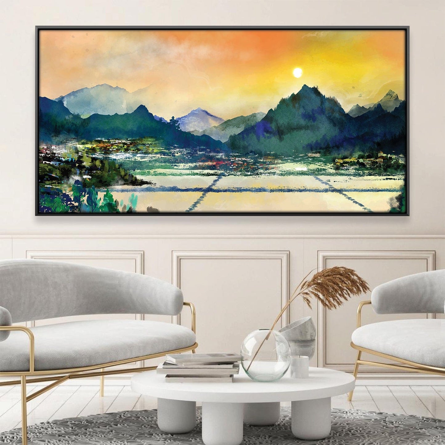 Serene Mountain Valley Sunrise Oil Painting for Home Decor