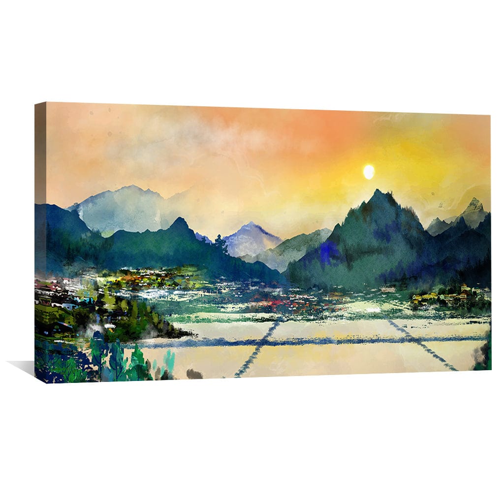 Serene Mountain Valley Sunrise Oil Painting for Home Decor