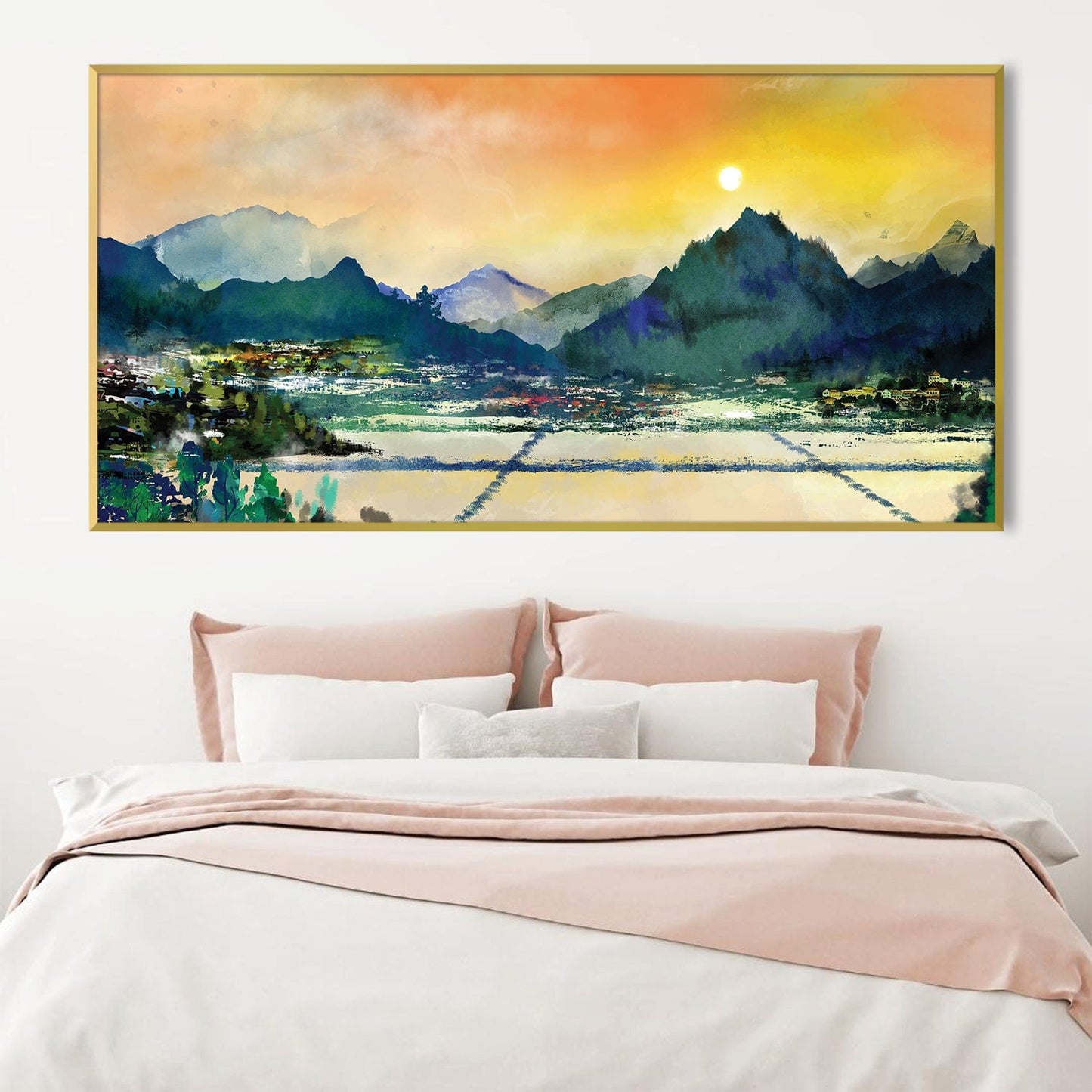 Serene Mountain Valley Sunrise Oil Painting for Home Decor