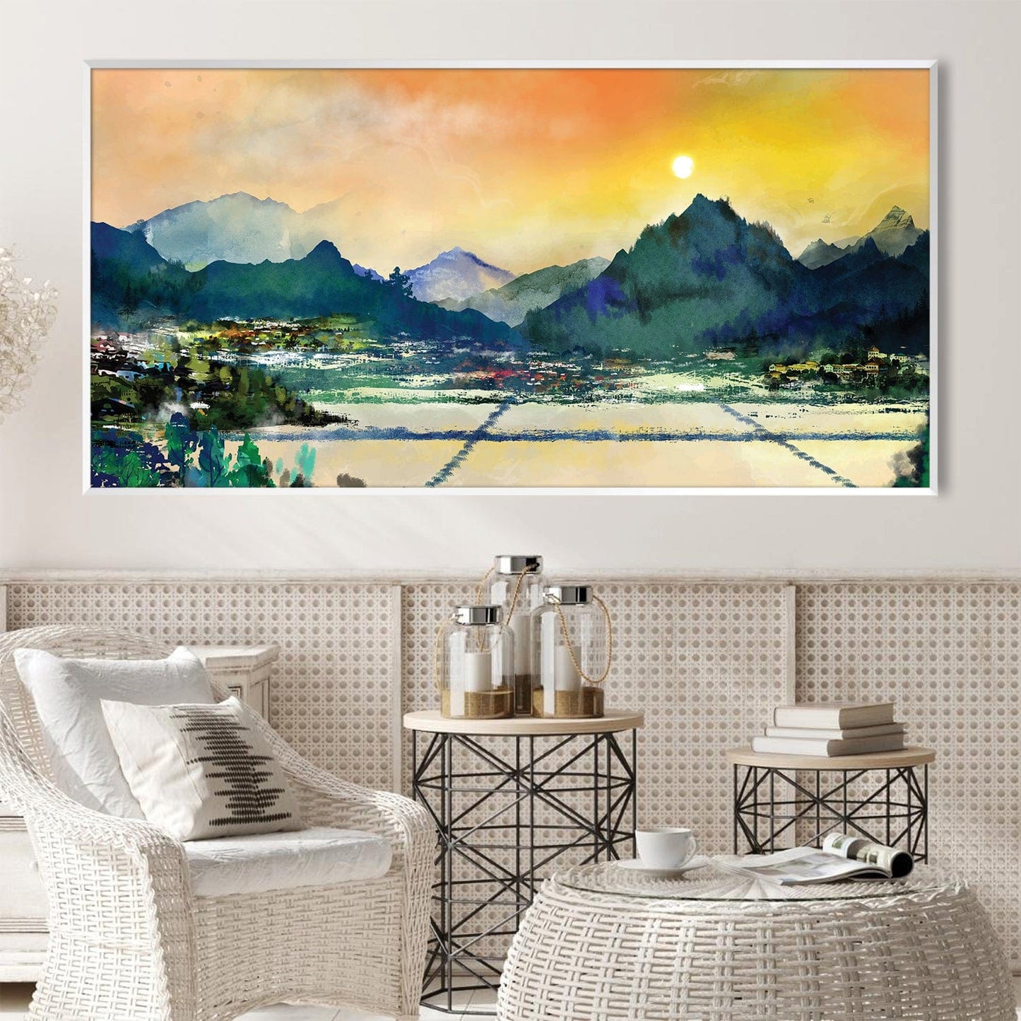 Serene Mountain Valley Sunrise Oil Painting for Home Decor