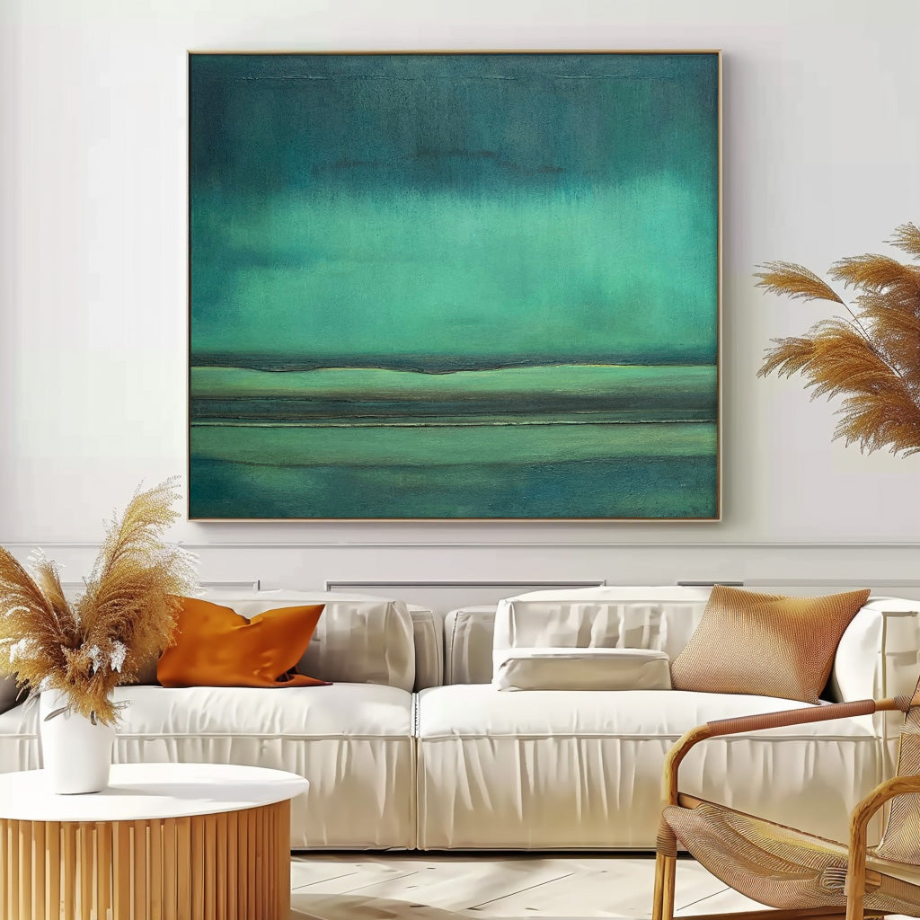 Serene Minimalist Oil Painting in Tranquil Green Hues for Modern Decor