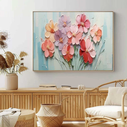 Vibrant Floral Oil Painting with Textured Petals and Soft Pastel Background