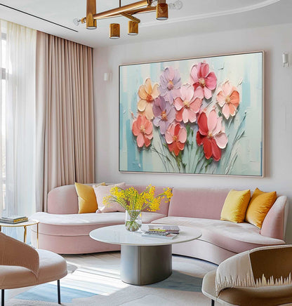 Vibrant Floral Oil Painting with Textured Petals and Soft Pastel Background