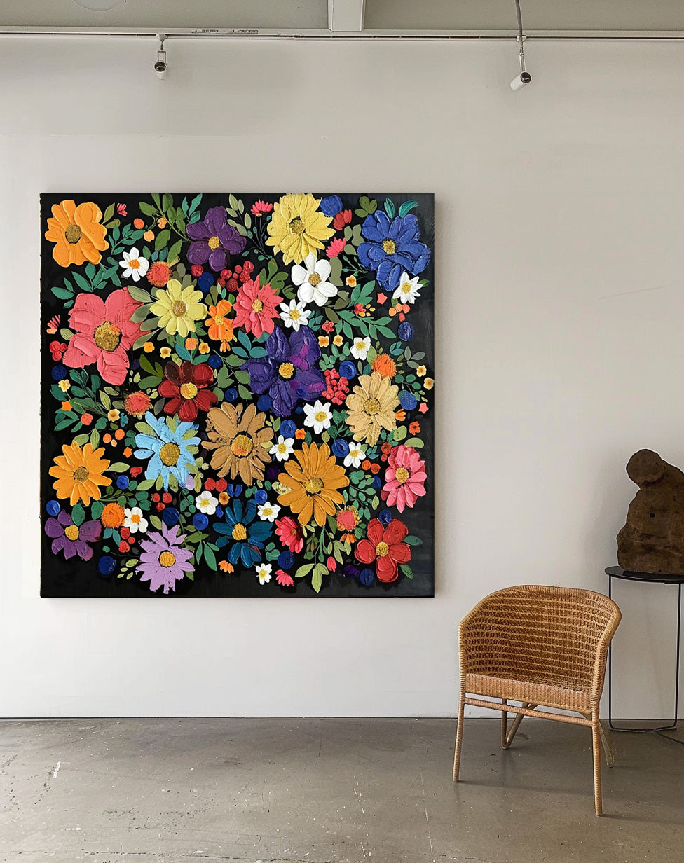 Vibrant Floral Oil Painting on Canvas - Colorful Flower Art for Home Decor