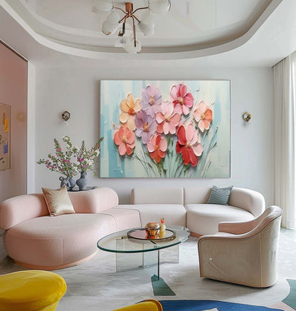 Vibrant Floral Oil Painting with Textured Petals and Soft Pastel Background