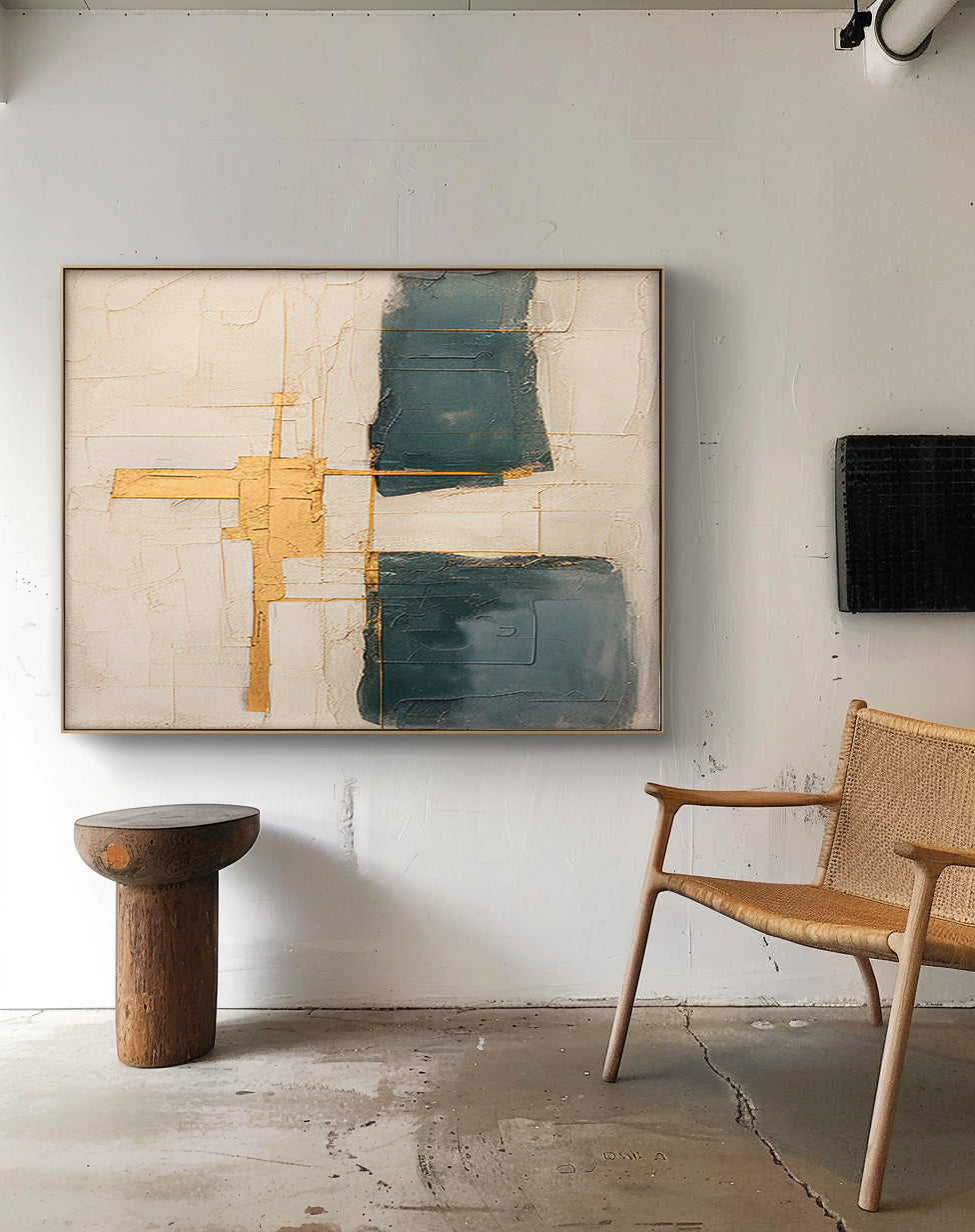 Abstract Minimalist Oil Painting with Gold Accents for Modern Home Decor