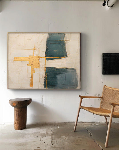 Abstract Minimalist Oil Painting with Gold Accents for Modern Home Decor