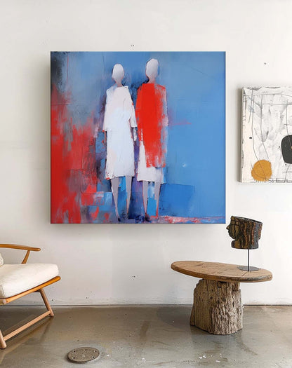 Abstract Oil Painting of Figures in Blue and Red - Modern Canvas Art for Home Decor