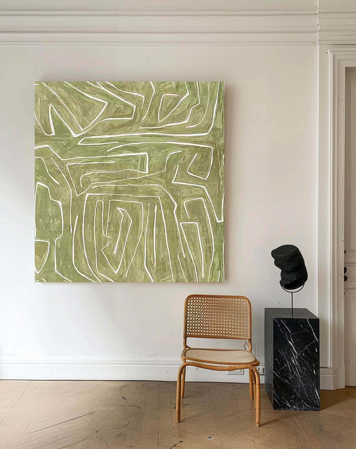 Abstract Green Lines Minimalist Oil Painting for Modern Home Decor