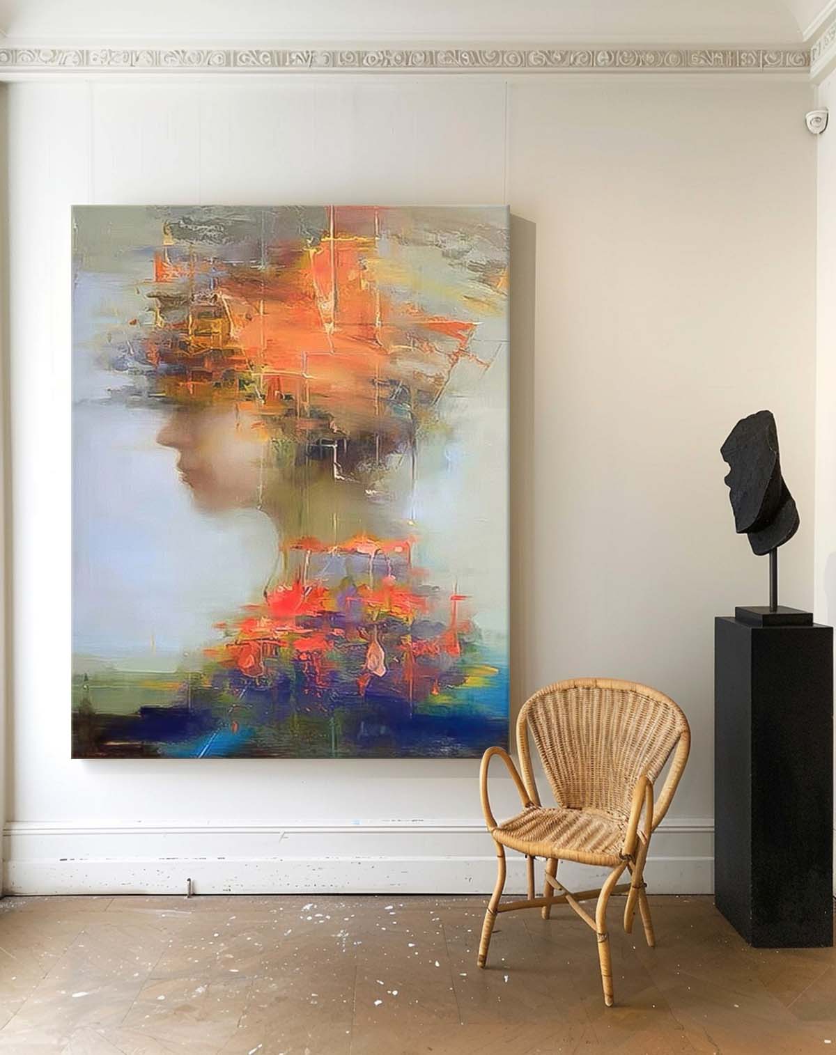 Abstract Oil Painting of a Woman with Vibrant Colors and Expressions