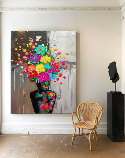 Vibrant Floral Oil Painting on Canvas - Colorful Bouquet Home Decor Art