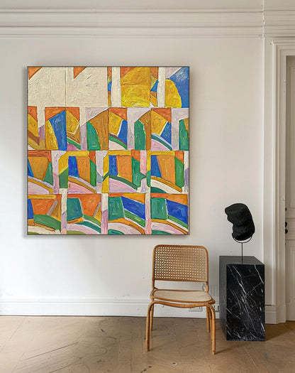 Vibrant Geometric Abstract Oil Painting for Modern Home Decor