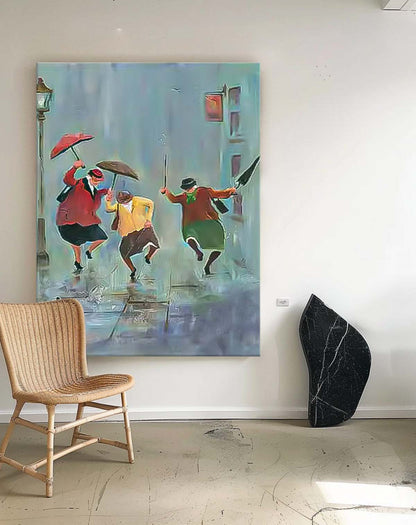 Joyful Rain Dance - Vibrant Oil Painting of People with Umbrellas