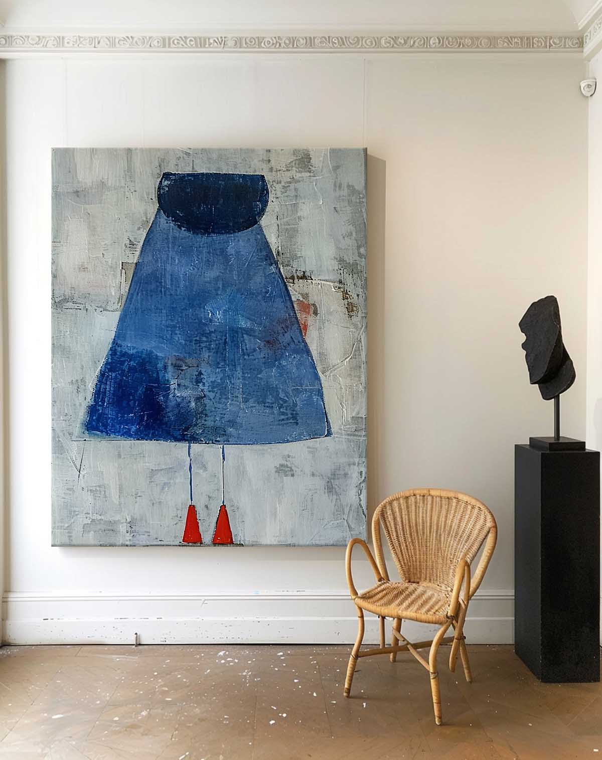 Contemporary Woman in Blue Dress - Abstract Minimalist Oil Painting for Modern Decor